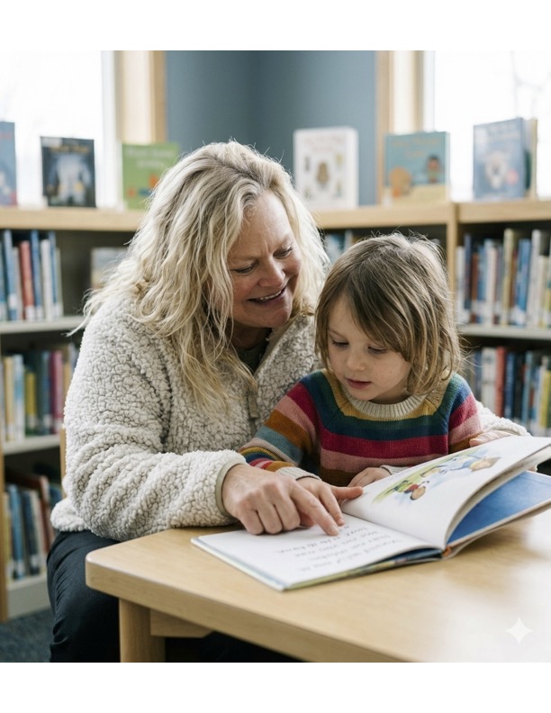 A woman and a child sitting at a table in a library, reading a book together. The woman is smiling and pointing at the book, while the child looks attentively at the pages. Both are dressed warmly, with the child in a colorful striped sweater.